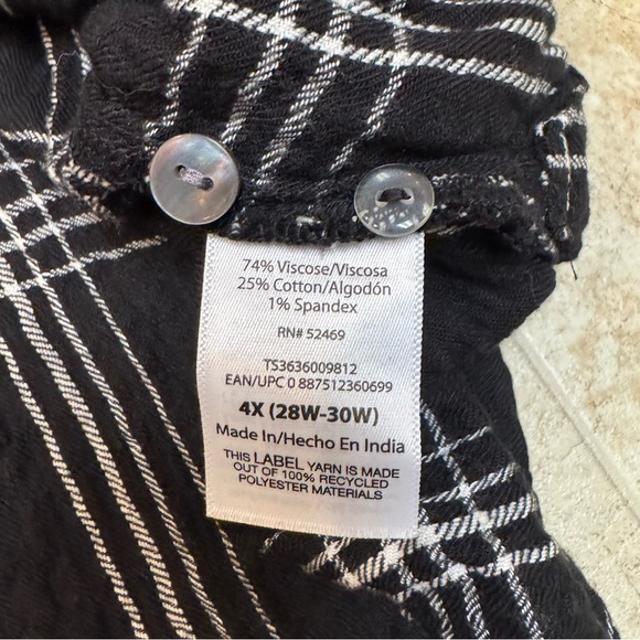 Terra & Sky Women’s Plus Size Plaid Viscose Black White Button Shirt 4X New - Picture 10 of 11
